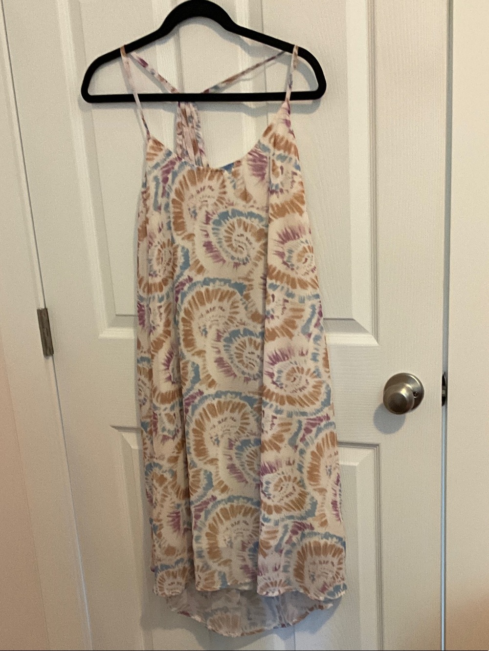DAVI & DANI Cream Maxi Dress with Blue, Tan, and Mauve Spiral Print